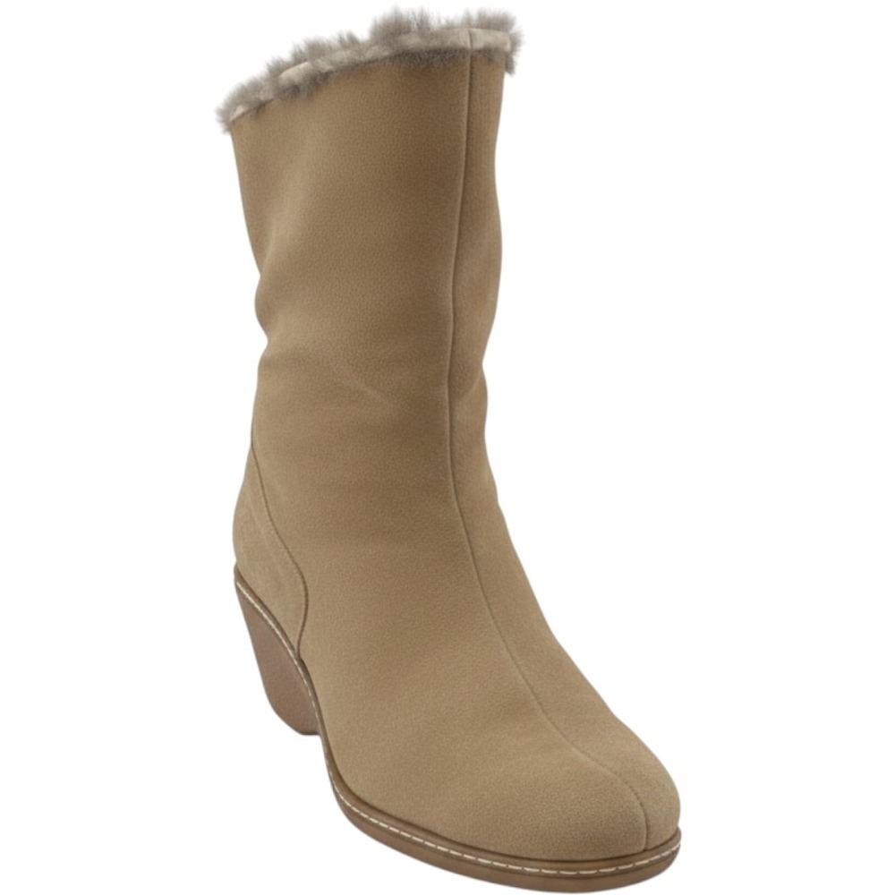 Maxine of Canada Suede Fur Trim Wedge Ankle Boots Tan Women's Size 8